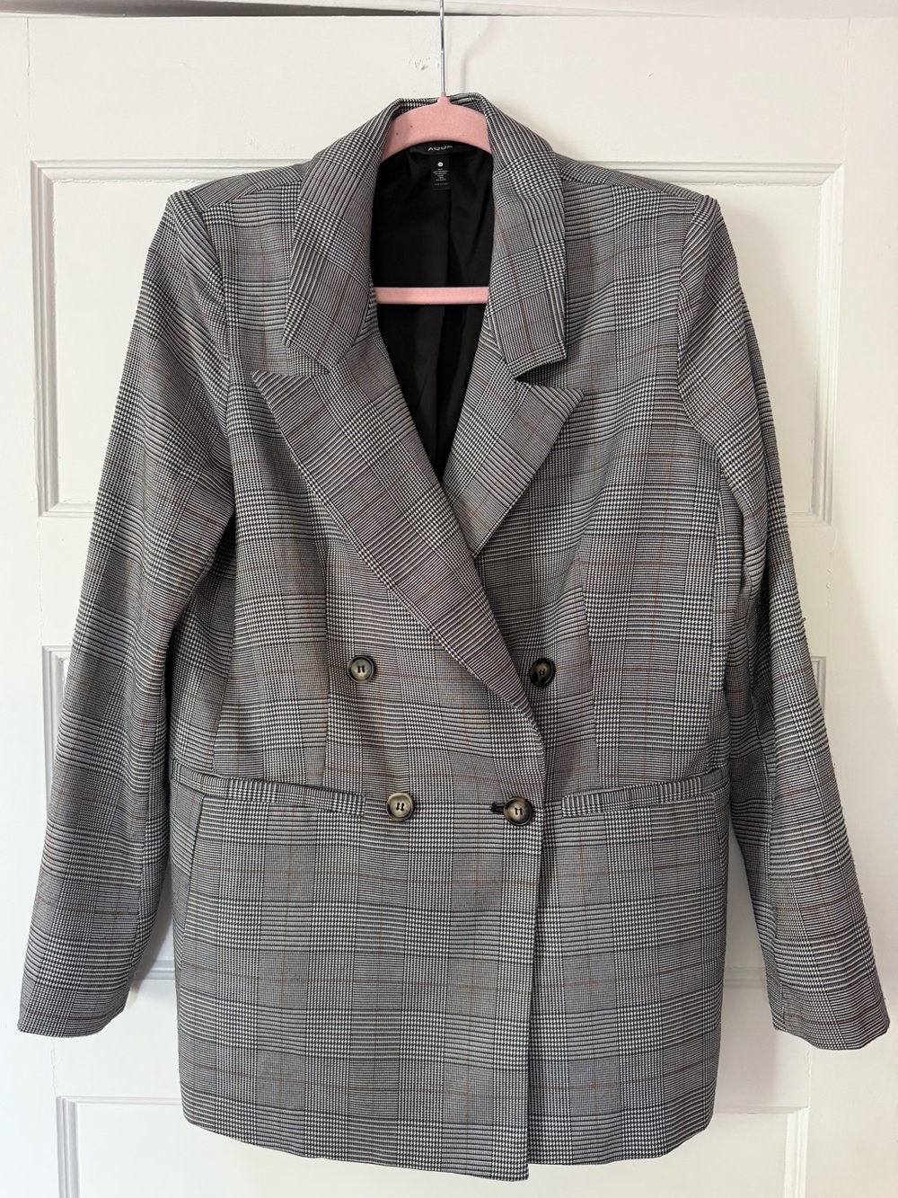 AQUA Bloomingdale’s Glen Plaid Double Breasted Blazer Medium Gray Black